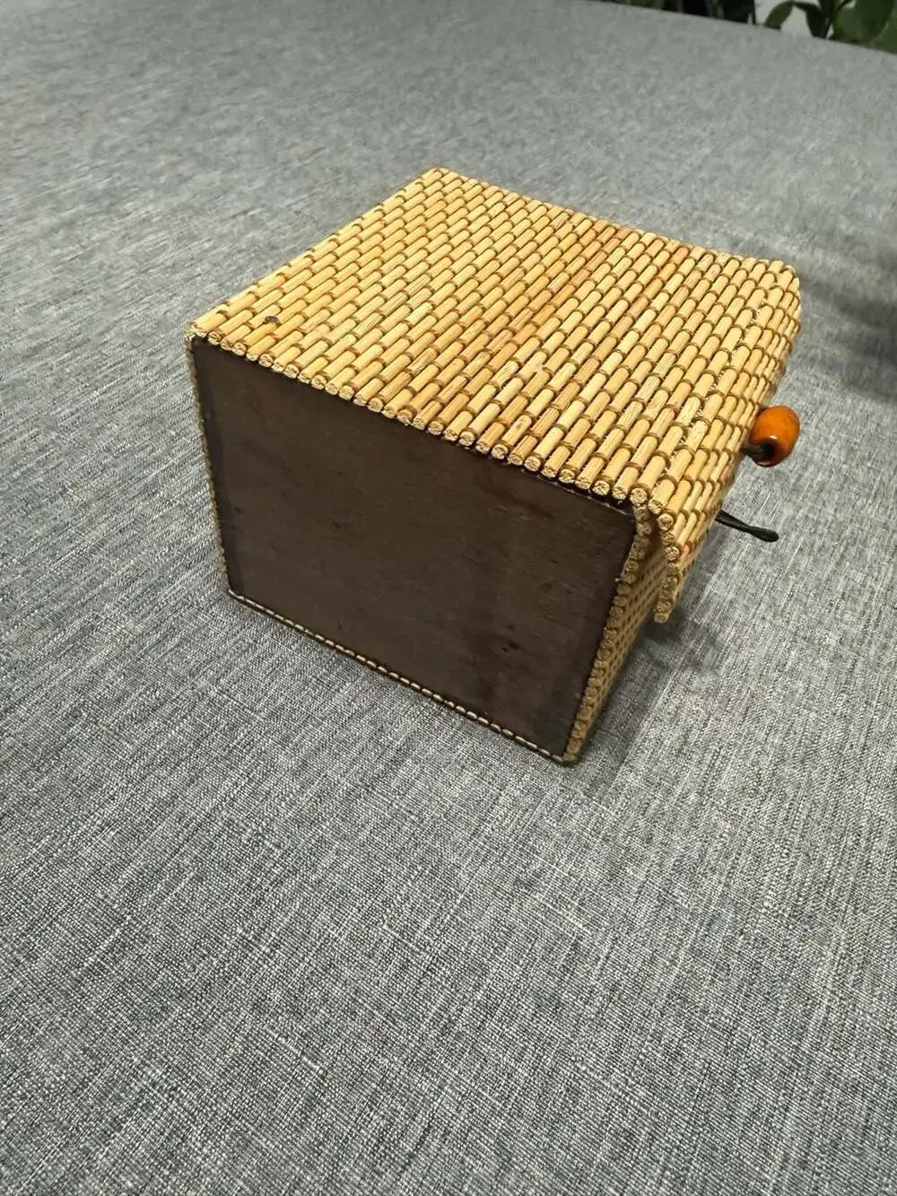 Handcrafted Bamboo Wood and Woven Storage Box with Wooden Bead Button Clamshell